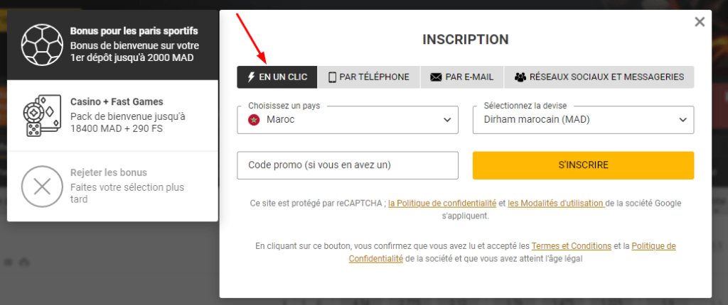 L'inscription « en un clic » est la méthode la plus rapide pour obtenir un compte gratuit et commencer à parier sans attendre.