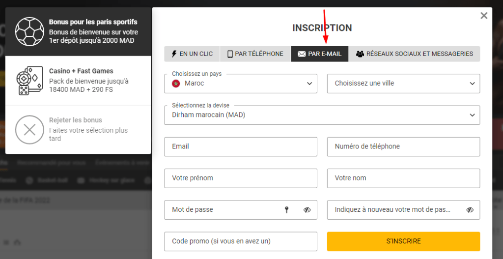 Inscription à Melbet par e-mail
