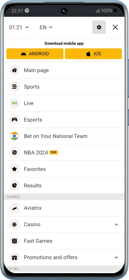 Melbet app main menu