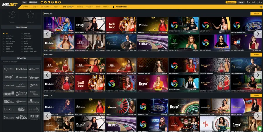 Live dealer games at Melbet casino